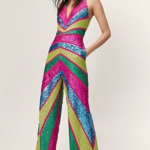 Nasty Gal Sequin Colorblock Plunge Wide Leg Jumpsuit
